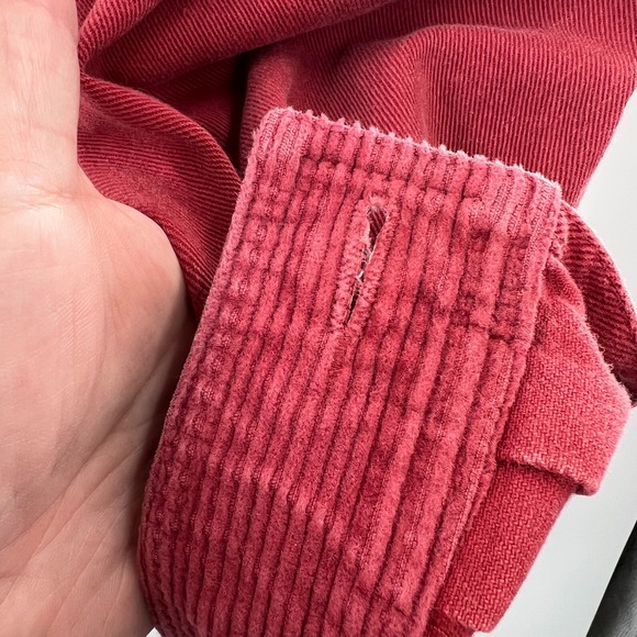 Vintage 80s Lizwear croped trucker denim jacket burgundy red corduroy accent M - Picture 2 of 16